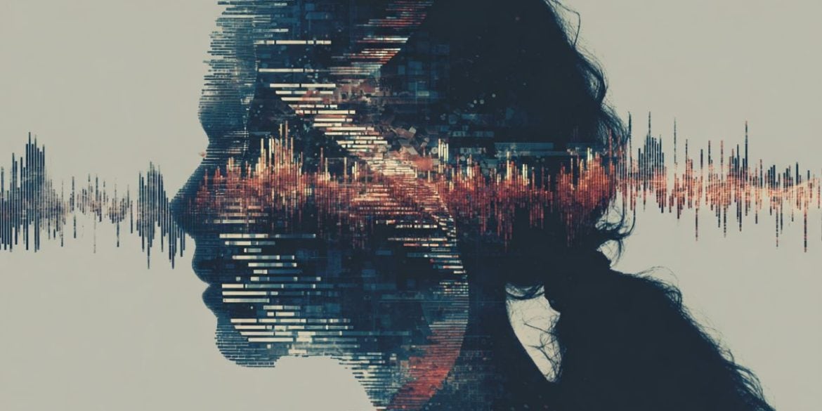 This shows the outline of a woman's head surrounded by wavy sound waves and dna.