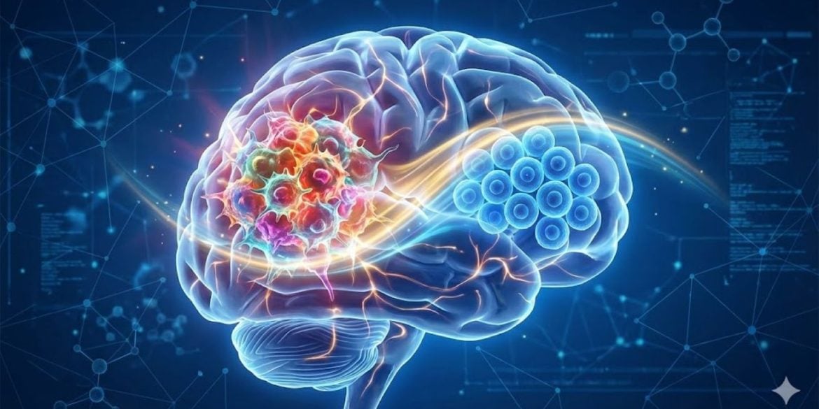 A digital illustration of a transparent human brain. Inside, a chaotic cluster of jagged, multi-colored tumor cells (representing heterogeneity) is being transformed by a glowing wave of light into uniform, organized blue spheres, symbolizing the "taming" of glioblastoma.