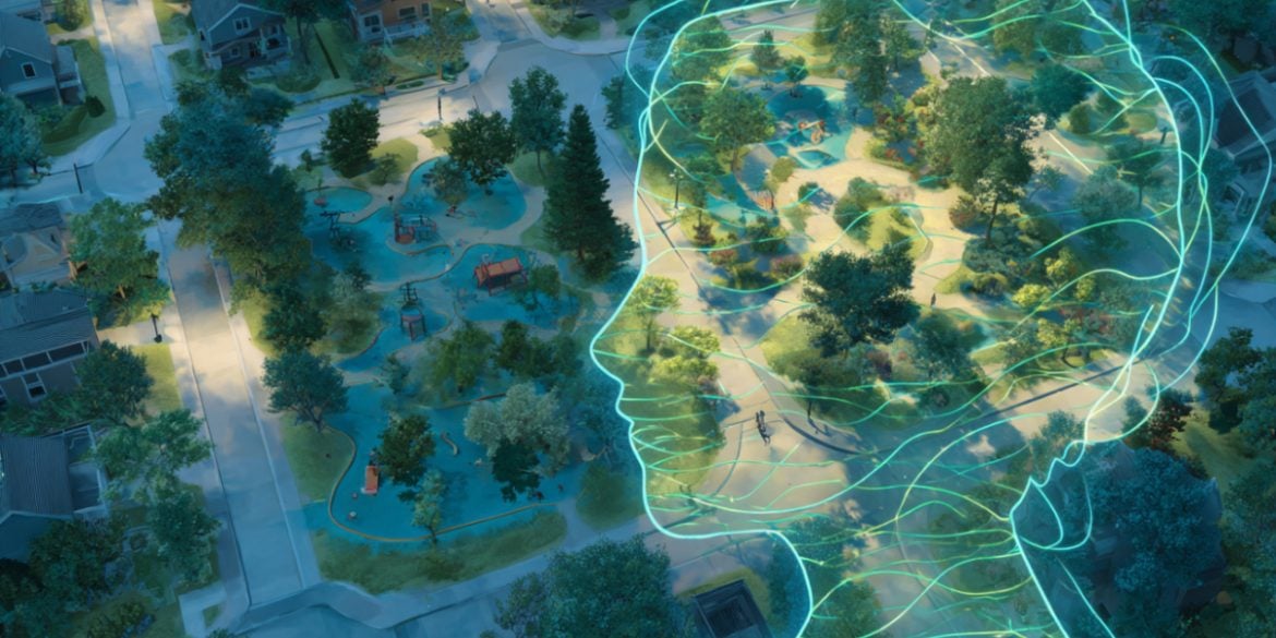 This shows the outline of a child's head and a park.