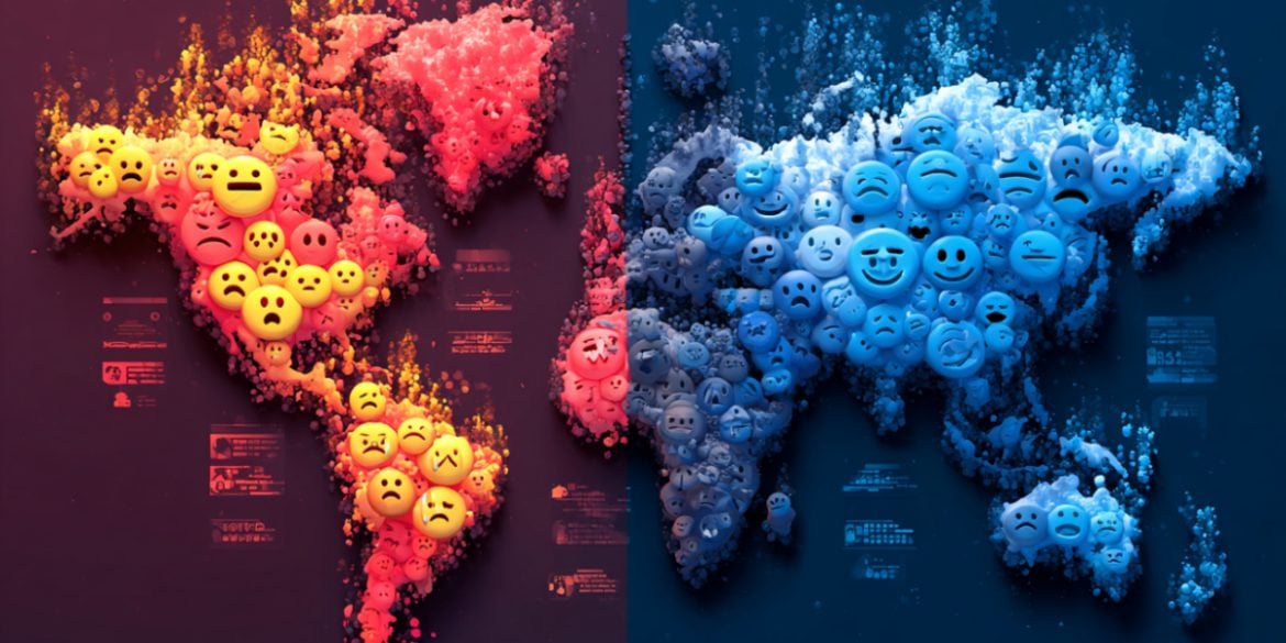 This shows a map, half Is red and covered in negative emojis, the other is blue and covered with positive emojis, symbolizing the effect heat has on mood.