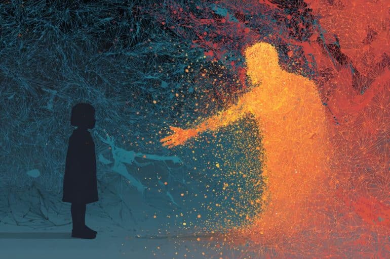 This shows the shadow of a child and a glowing adult reaching out to help her.