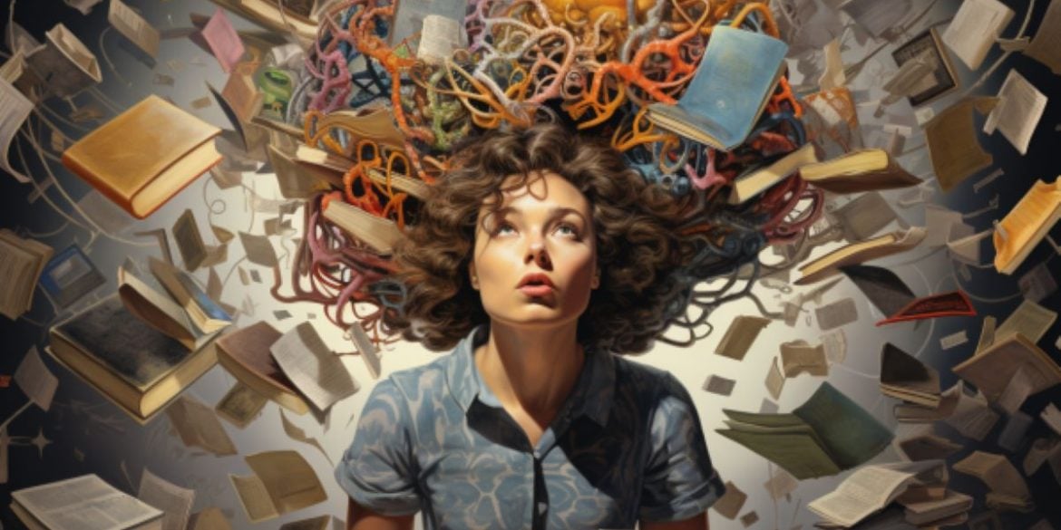 This shows a woman surrounded by books.