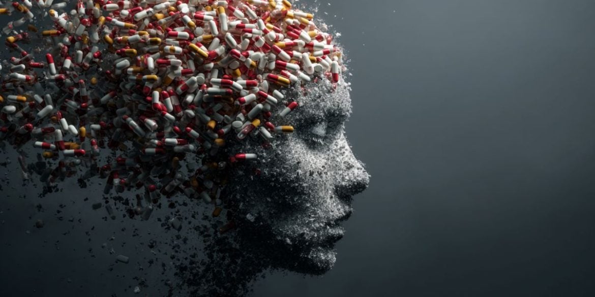 This shows a head surrounded by pills.
