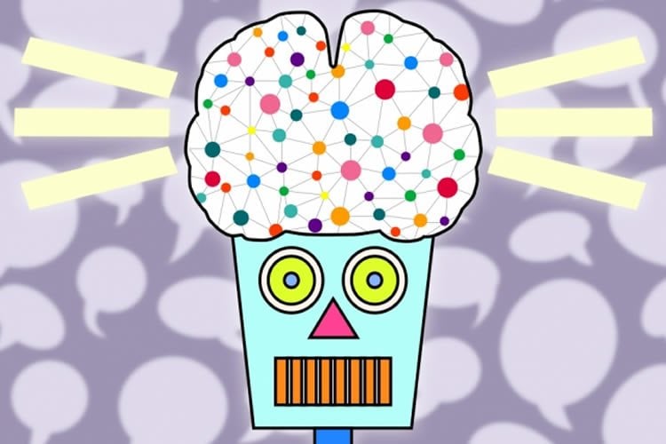 Image shows a cartoon of a robot with a neural network in a brain.