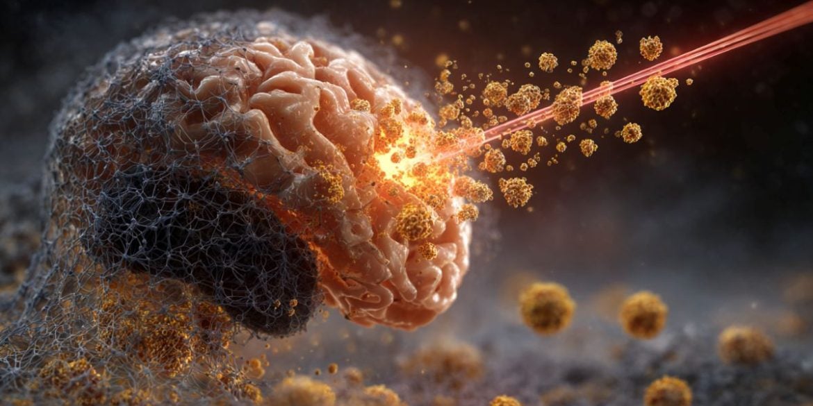 This shows a brain with cancer cells being blasted away by a laser.