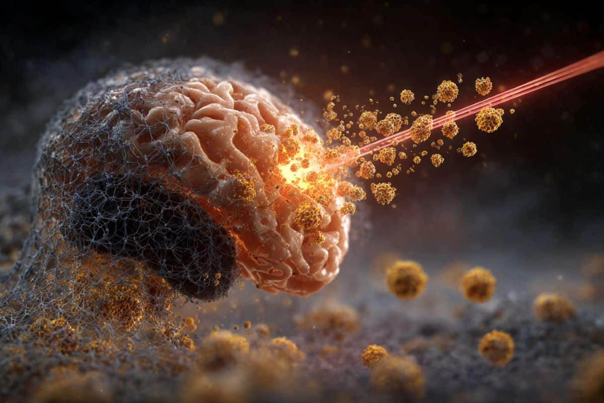 This shows a brain with cancer cells being blasted away by a laser.