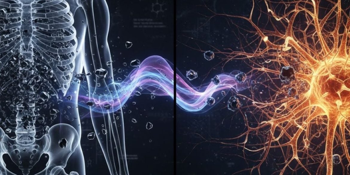 This image illustrates how lead can migrate from bones to neurons, increasing Alzheimer's risk.