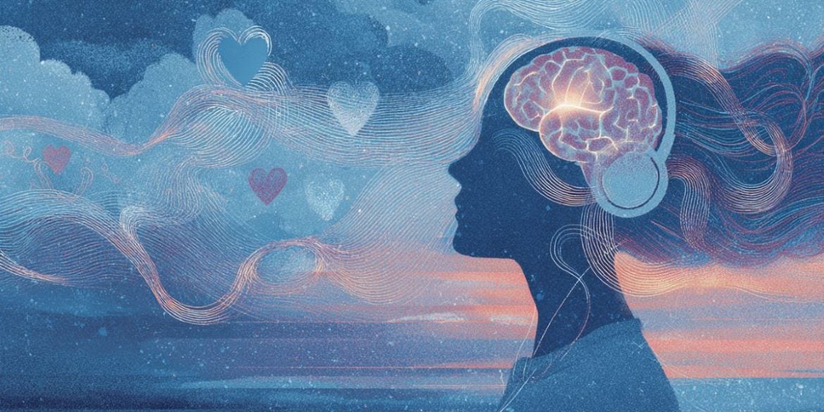 This shows a woman, hearts, a brain, and brain waves.