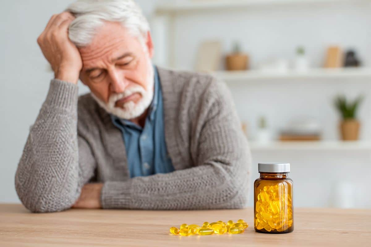 This shows an older man and vitamin D pills.