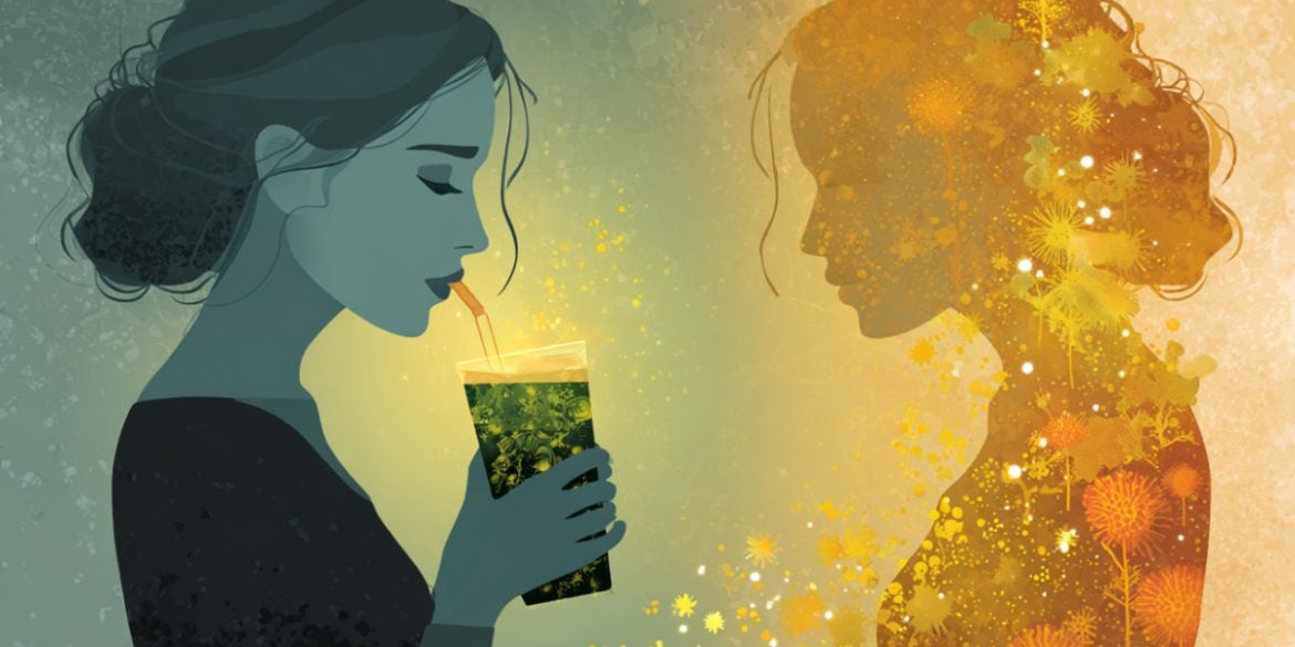 This shows a woman drinking soda and a shadow of a woman.