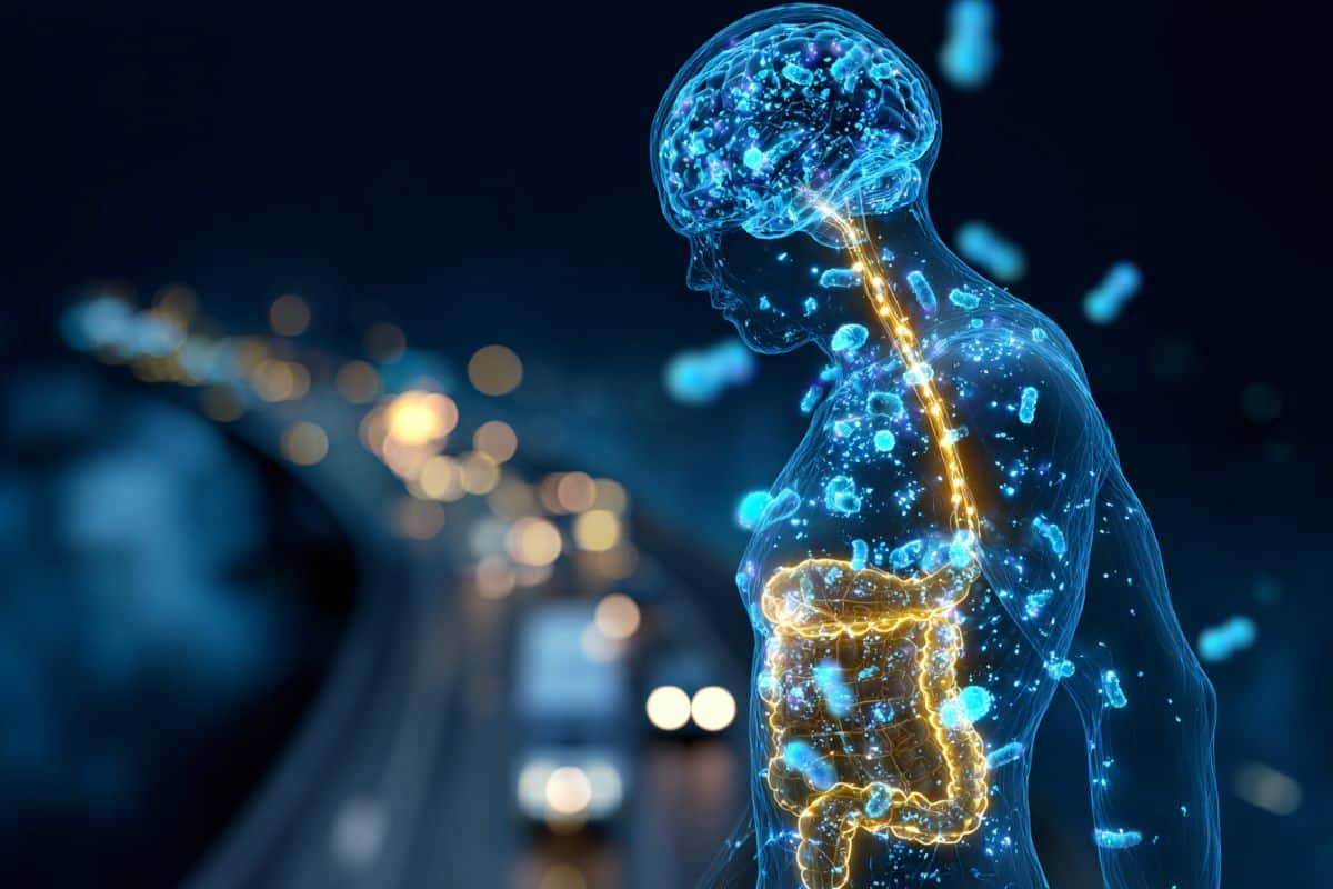 This shows the outline of a person with the intestines and brain glowing, representing the gut-brain axis.