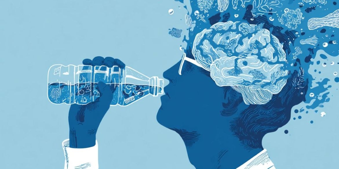 This shows a person drinking from a plastic water bottle and a brain.
