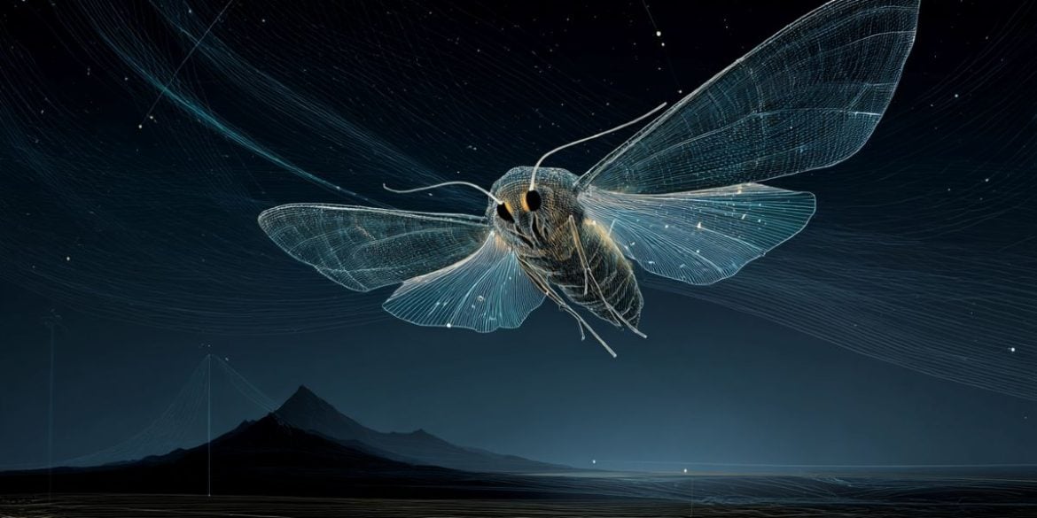 This shows a moth flying at night.
