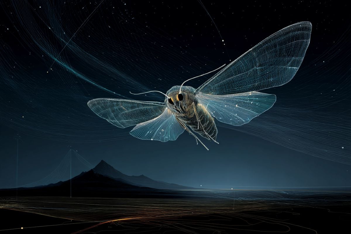 This shows a moth flying at night.