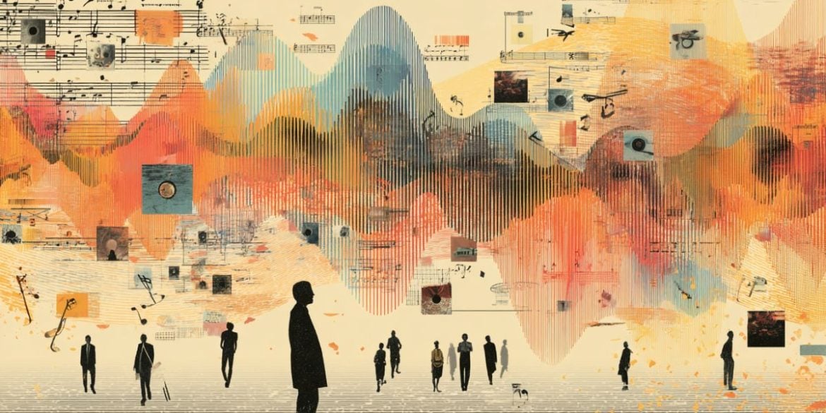 This shows people walking with album covers and sound waves in the background.