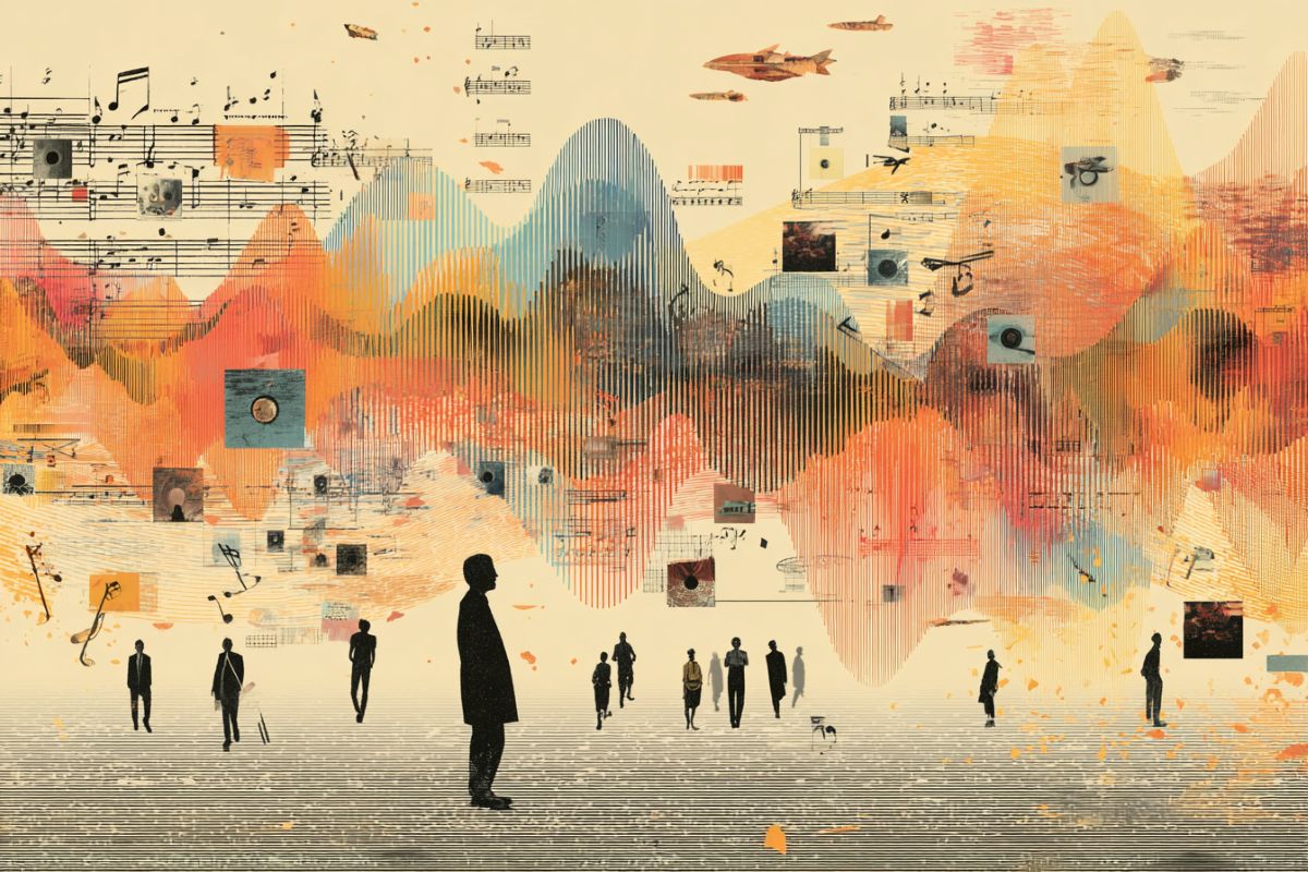 This shows people walking with album covers and sound waves in the background.