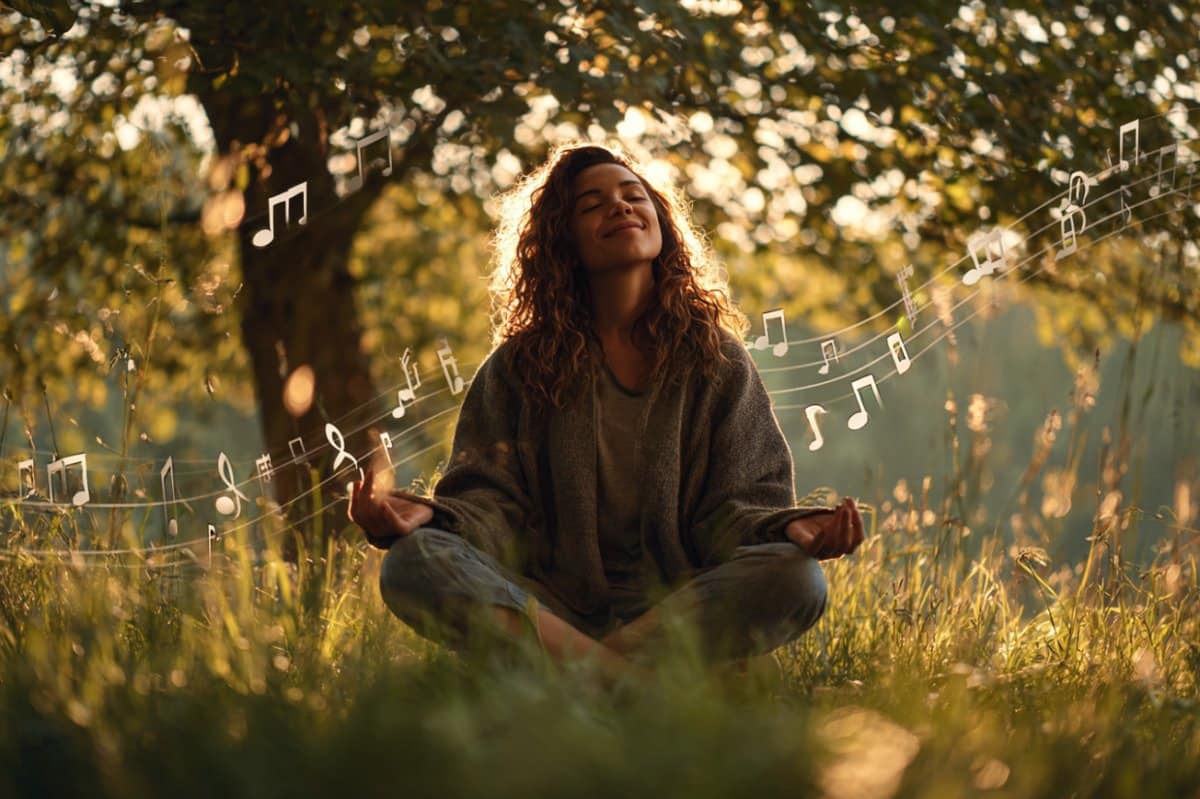 This shows a woman meditating in a field.