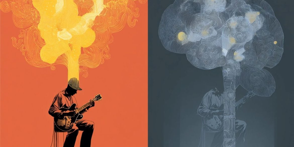 This shows a person playing a guitar and a brain.