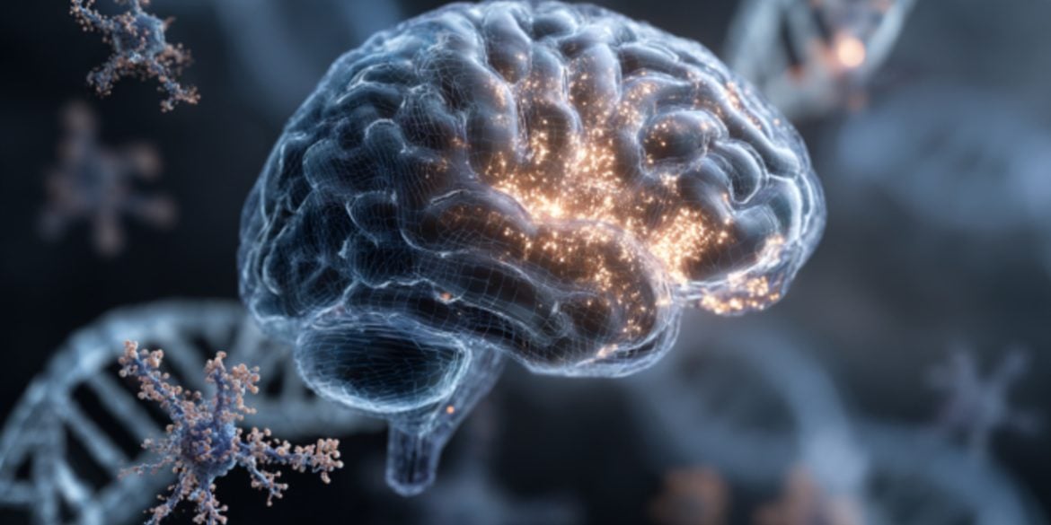 This shows a brain surrounded by viruses and DNA.