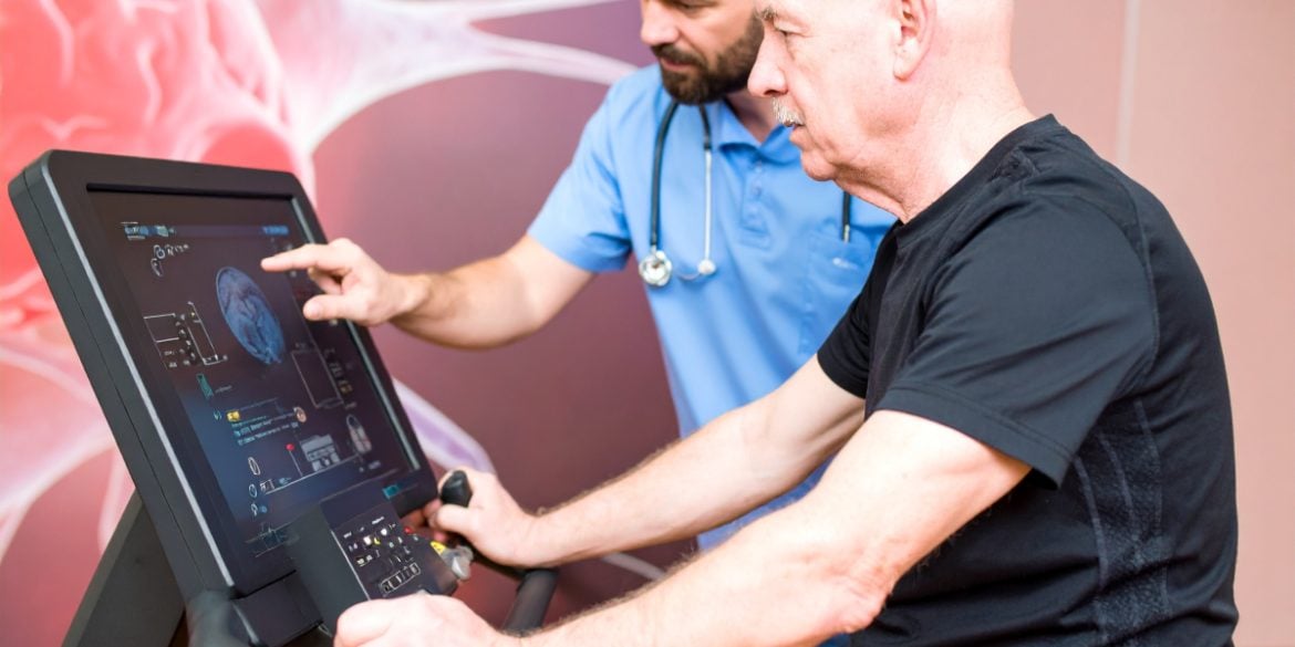 This shows an older man on an exercise bike in a hospital. A nurse is at his side. On the cycle is a monitor with a brain game.