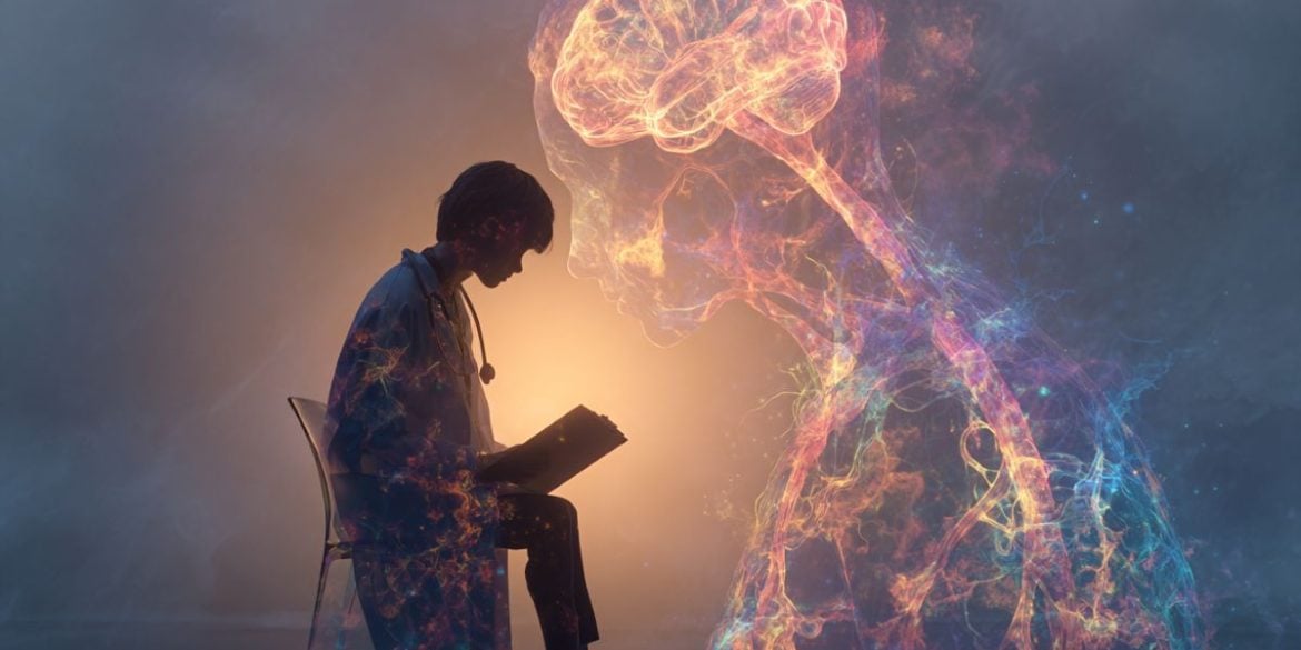 This shows a doctor and the outline of a person.