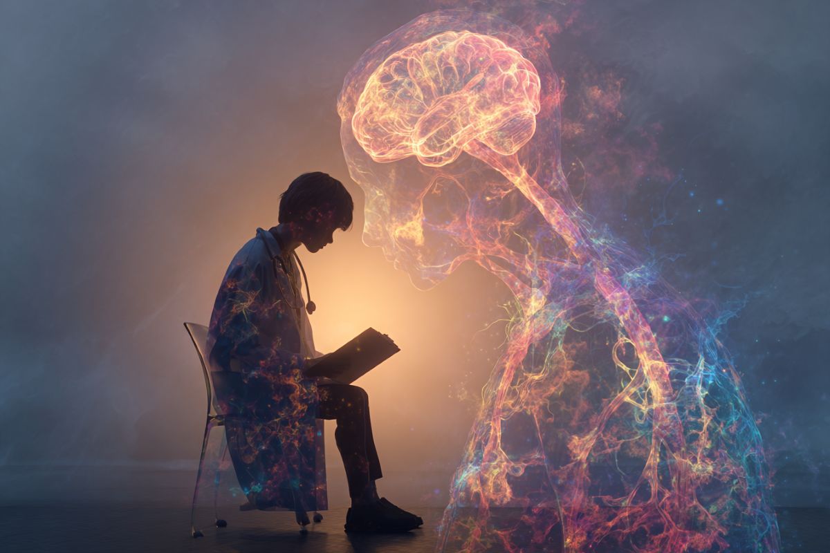 This shows a doctor and the outline of a person.