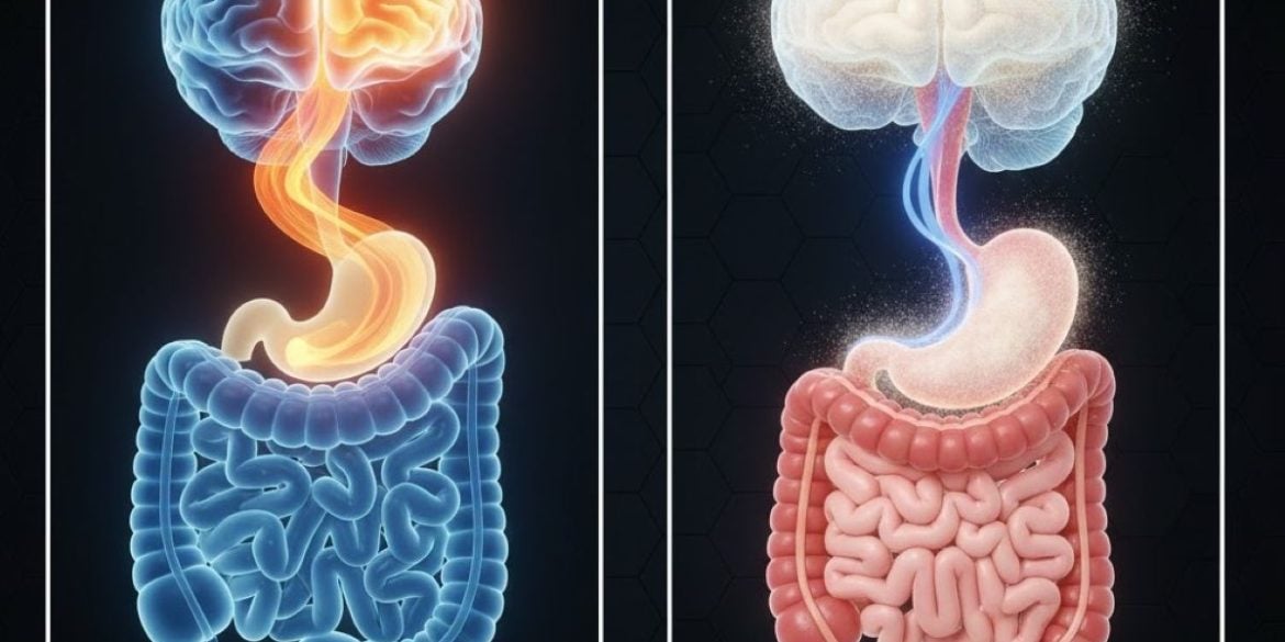This shows two images of the brain and gut, one with a pill and the other with powder.