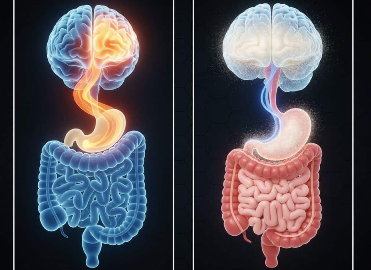 This shows two images of the brain and gut, one with a pill and the other with powder.
