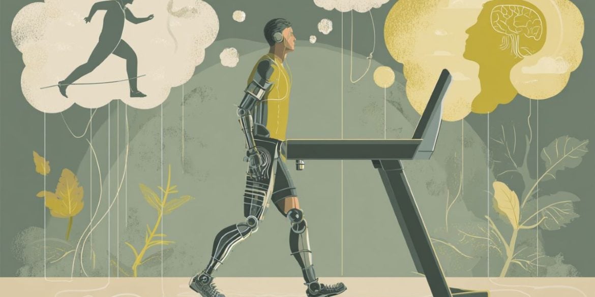 This illustration depicts a person with a prosthetic leg walking n a treadmill. Above him are two thought bubbles, one has the outline of a brain and the other, an outline of a "full body".