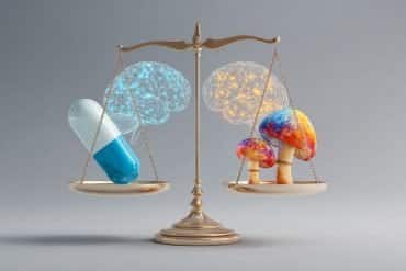 This shows a scale, a pill and mushrooms.