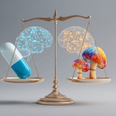 This shows a scale, a pill and mushrooms.