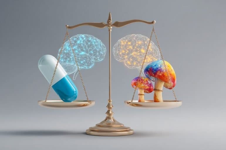 This shows a scale, a pill and mushrooms.