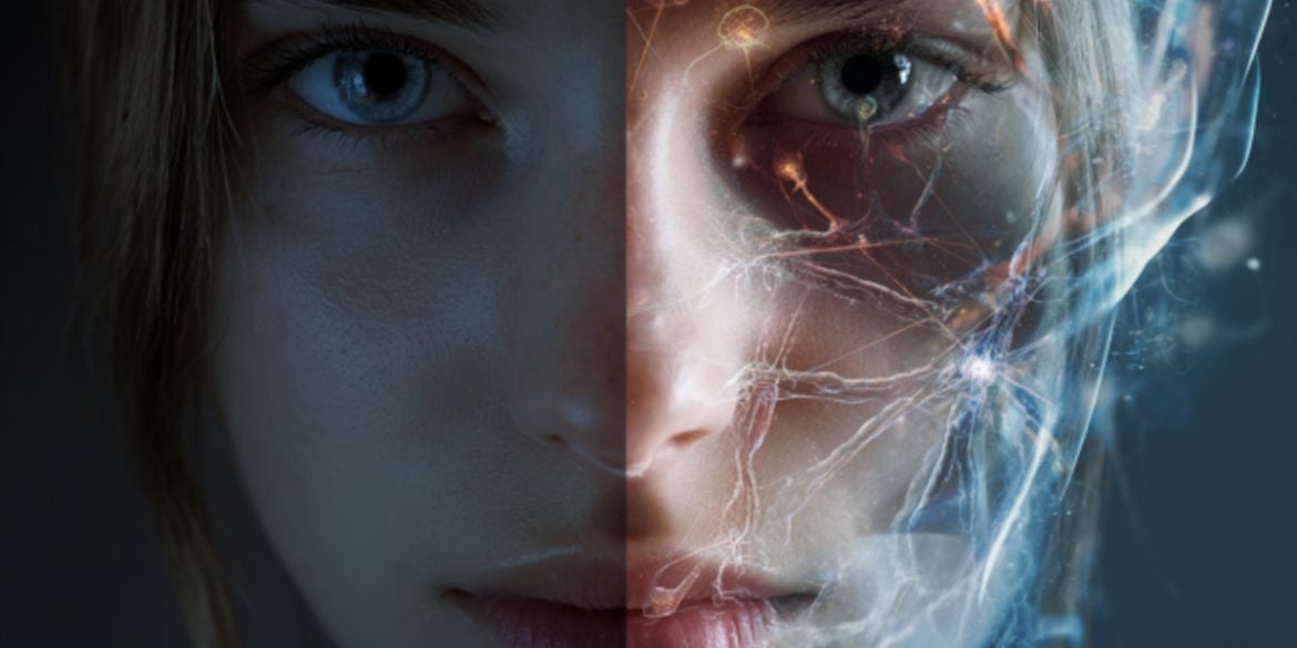 This shows a split image of a woman's face. On one side she is giving a blank stare, on the other is oxytocin molecules and a lighter expression on her face.