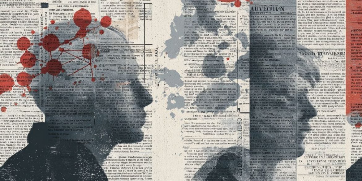 This shows the outline of heads and newspapers.