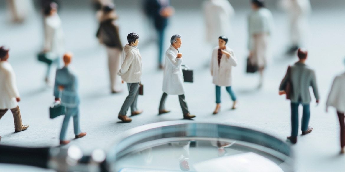 This shows models of researchers and a magnifying glass.