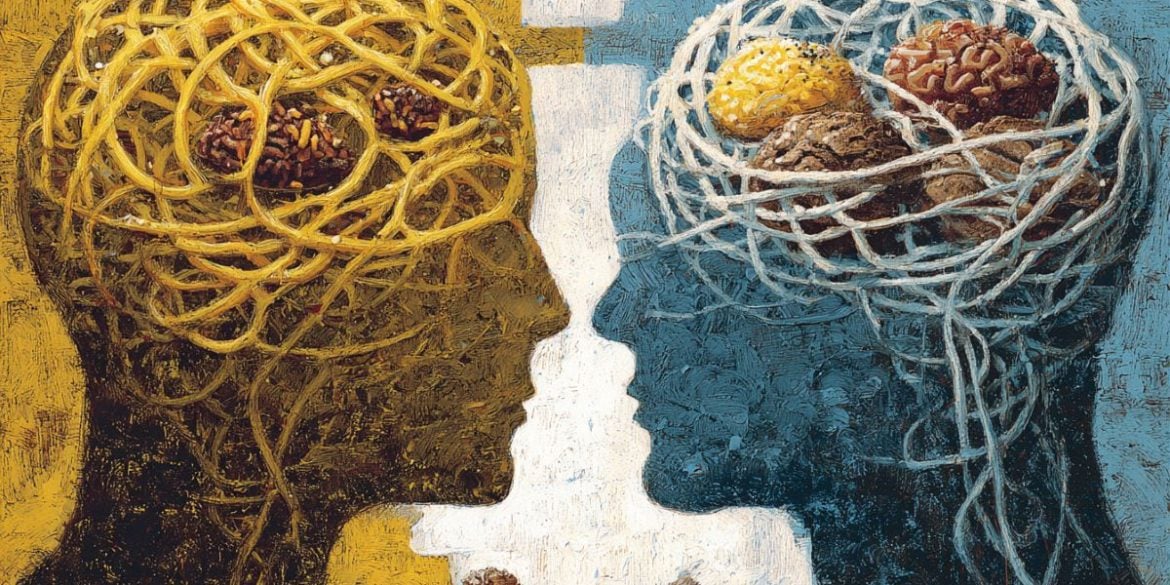 This shows two heads, one shows symbols of diminished rewards, the other an abundance of rewards.