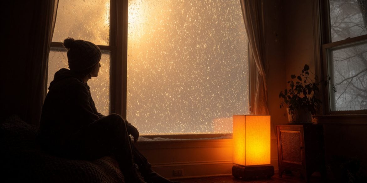 This shows a woman sitting in a dark room.