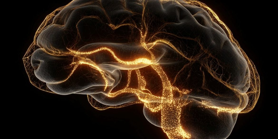 This shows a golden brain with DNA.