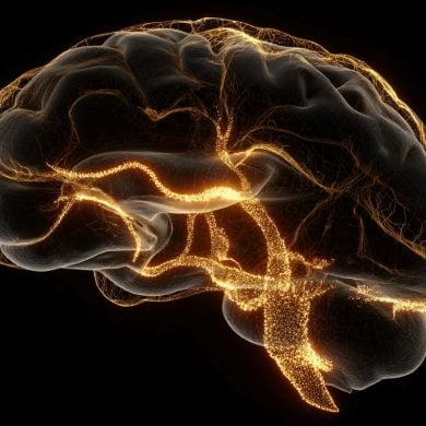 This shows a golden brain with DNA.