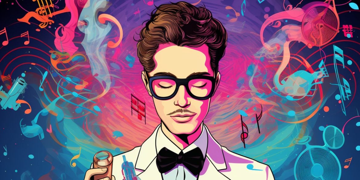 This shows a man surrounded by musical notes.