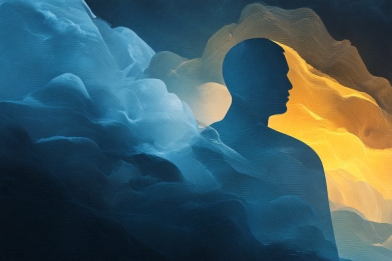 This shows the outline of a person in a mix of haze and clouds.
