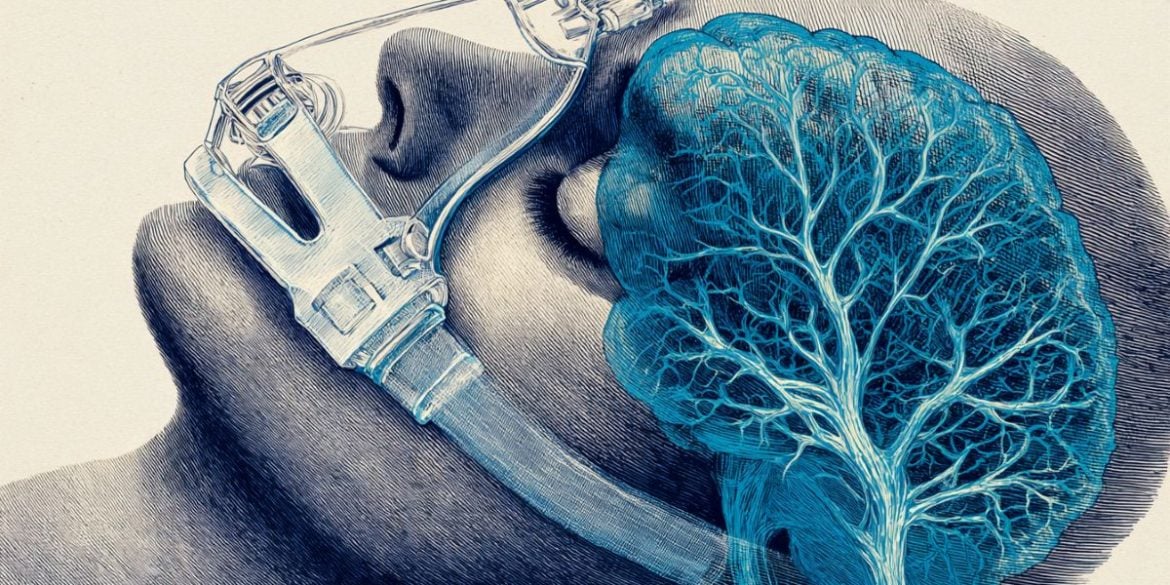 This shows a person sleeping with a CPAP machine on and a brain.