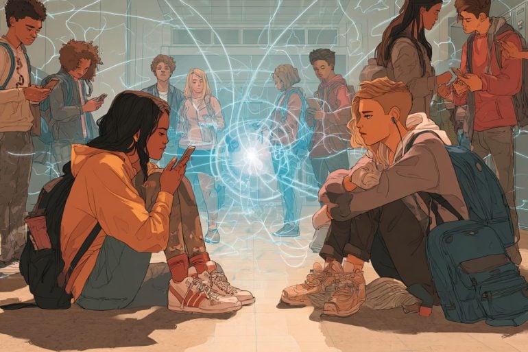 This shows two teens in a school hallway.