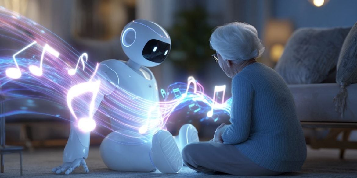 This shows an older lady sitting with a friendly looking robot. Around the robot is musical notes.