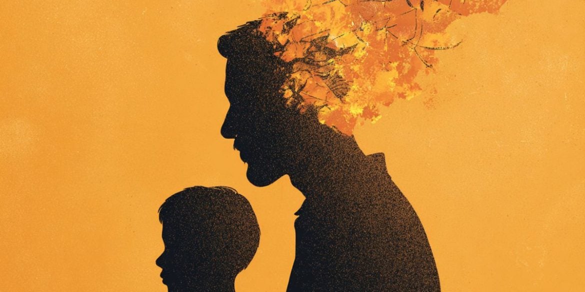 This shows the outline of a father and child. The father's head is clouded.