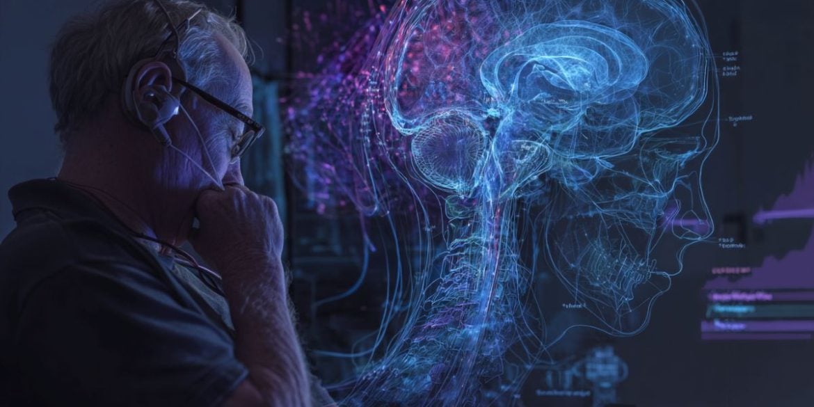 This shows a person with a hearing device and the outline of a head and brain.