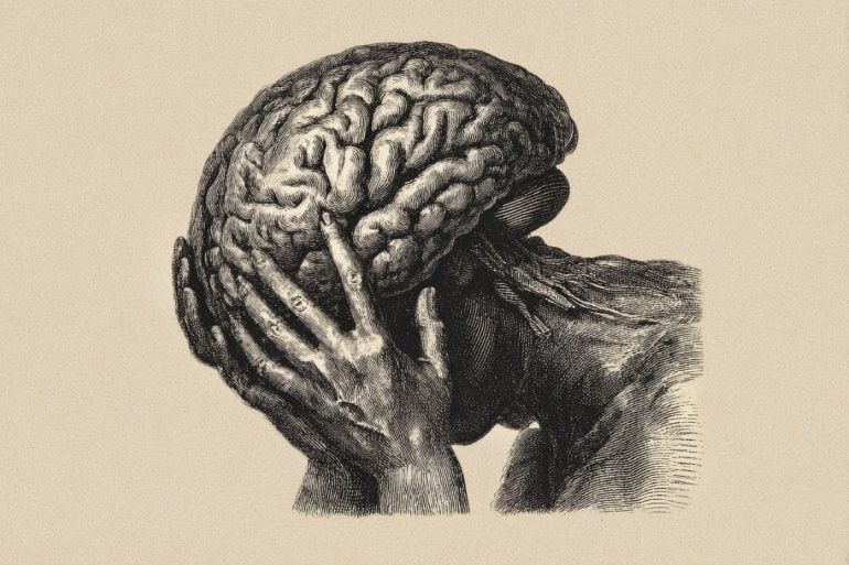 This shows a brain and a stressed person holding their head.