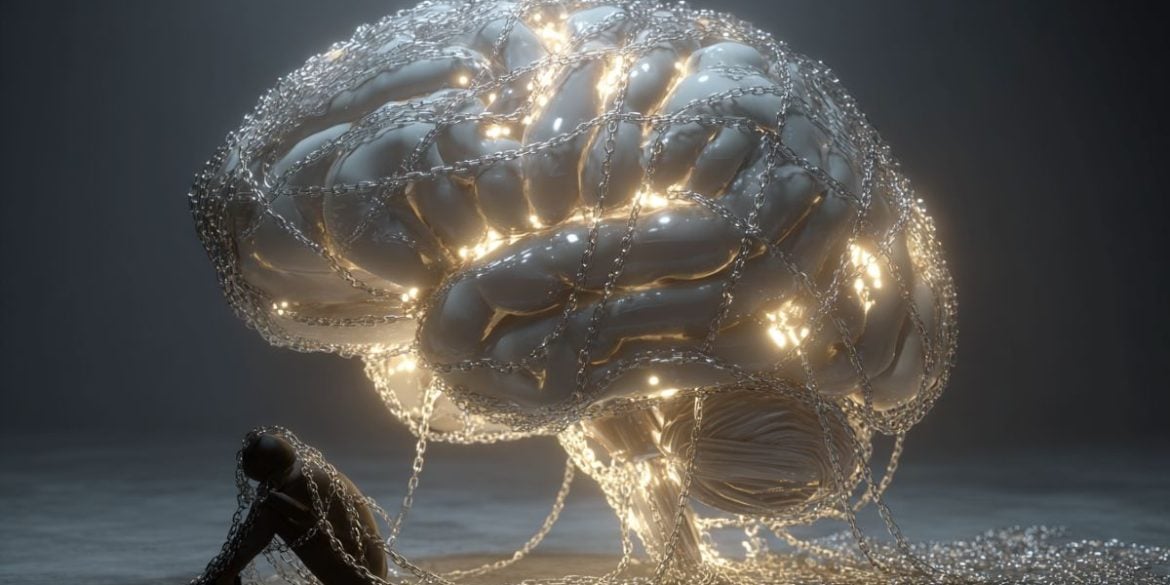 This shows a brain wrapped in a chain and a depressed woman.