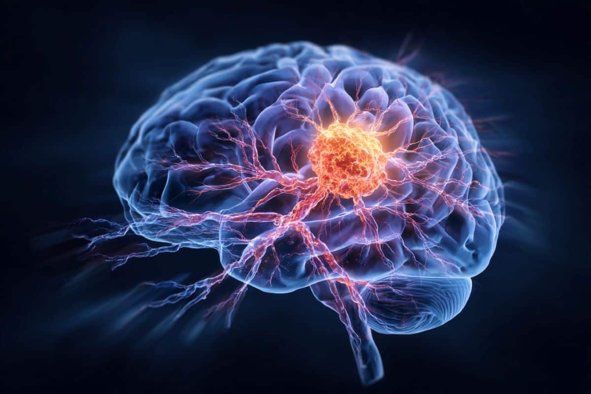 This shows a brain with an overlay of cancer cells.