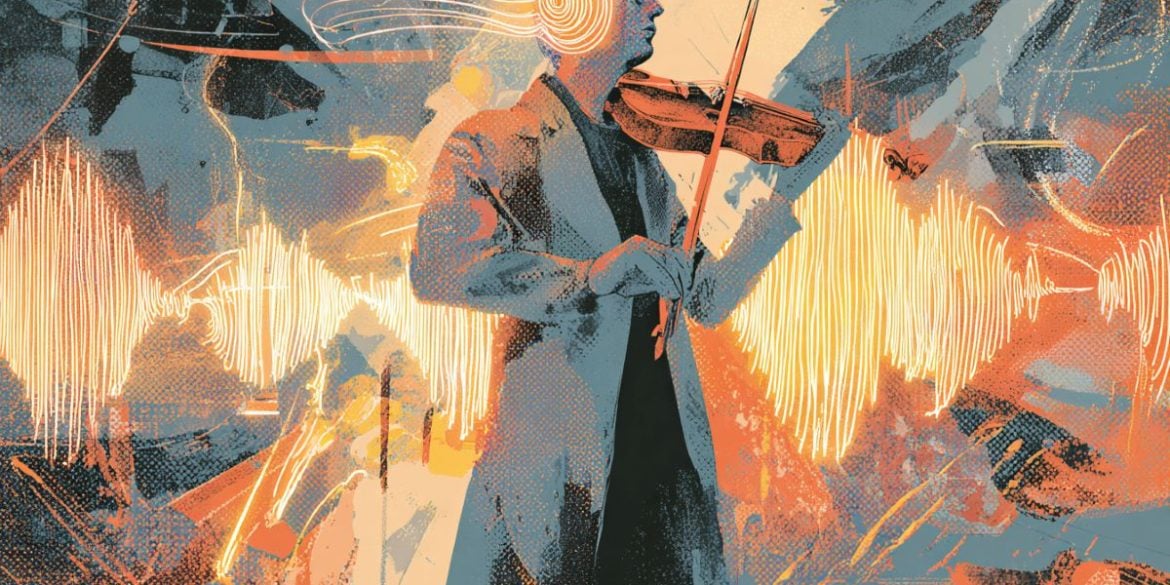 This shows an illustration of a violinist with a glowing light around their ear.